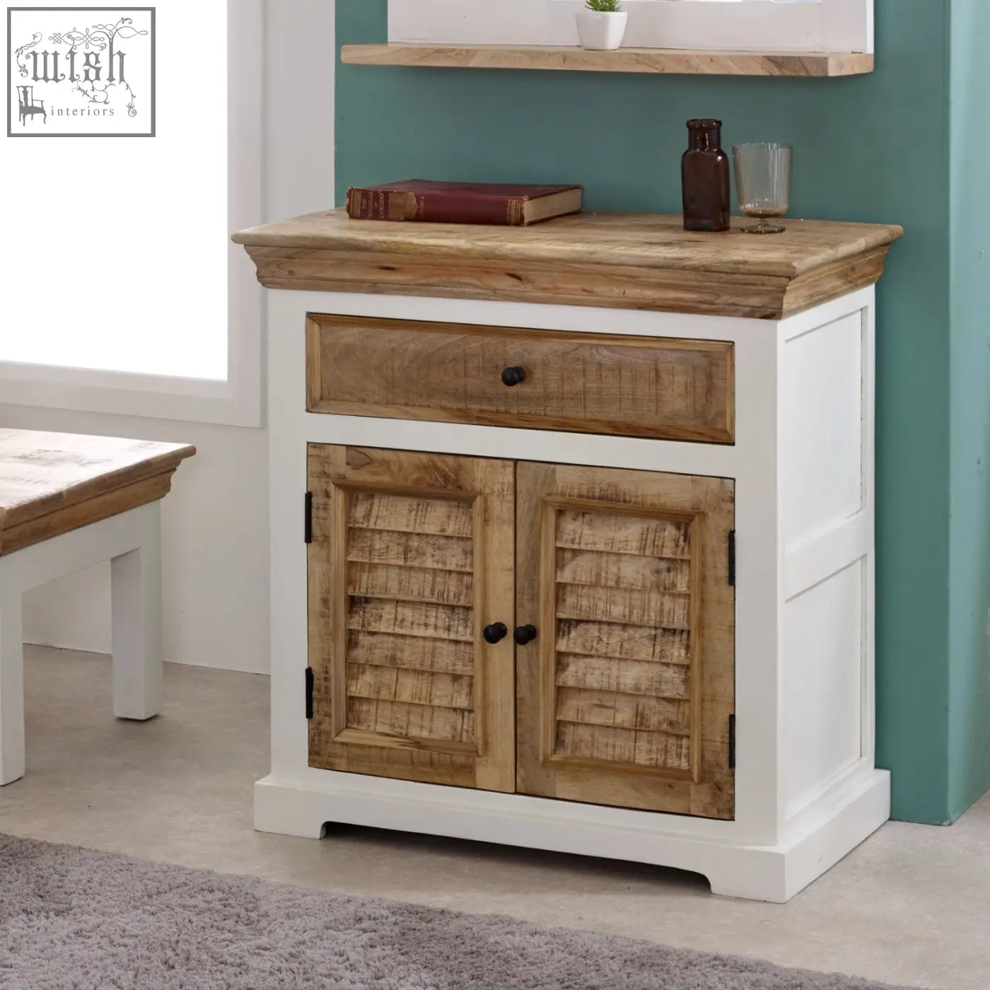 White and natural wood bianco solid mango wood small sideboard with louvered doors and rustic wooden top