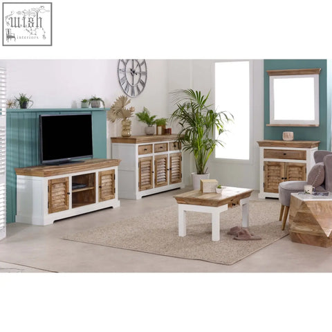 White and natural wood toned bianco solid mango wood small sideboard with slatted doors and flat top surface