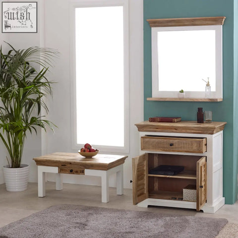 White and natural wood rustic sideboard with open doors showing storage compartments made of solid mango wood
