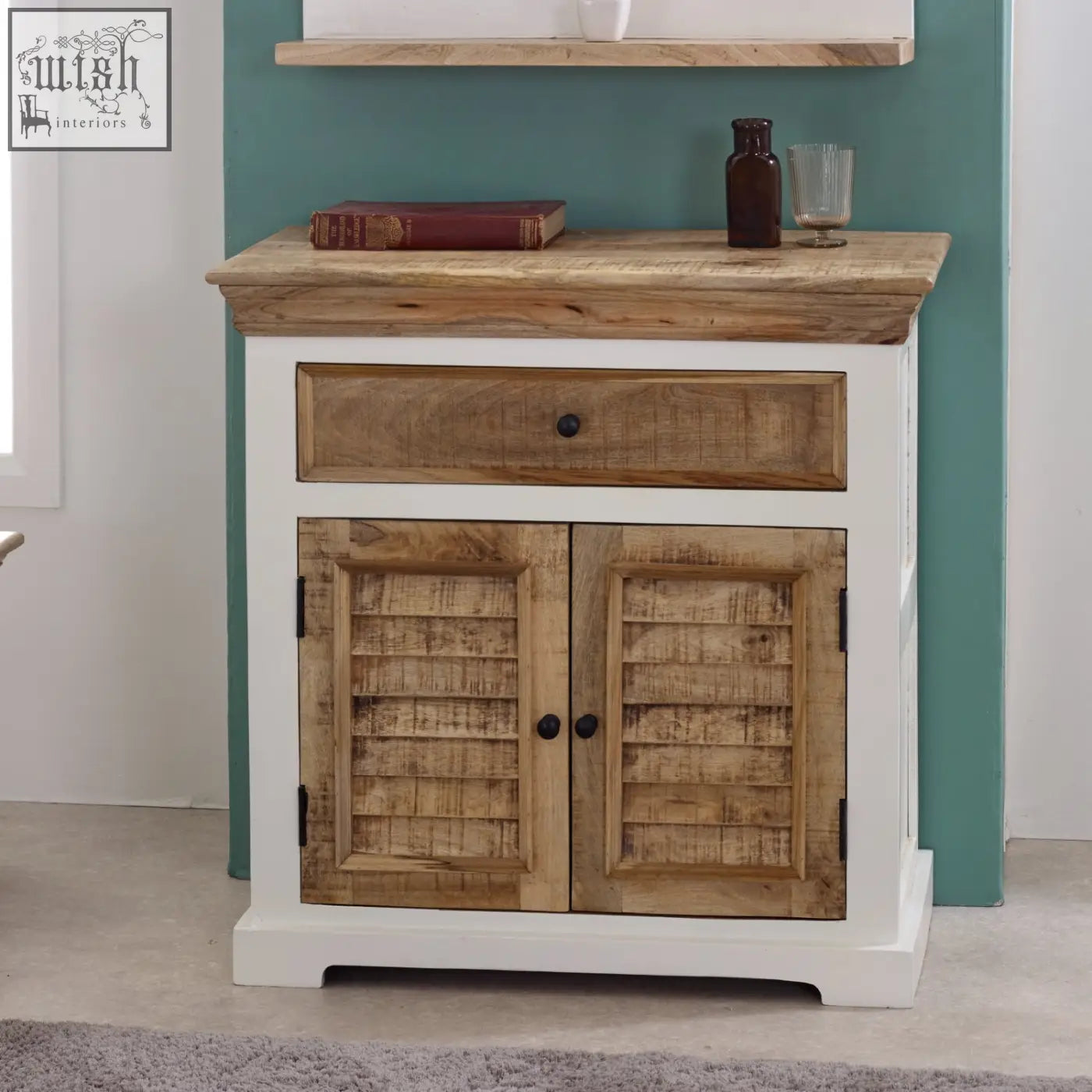 White and natural wood bianco solid mango wood small sideboard with louvered doors and rustic wooden top