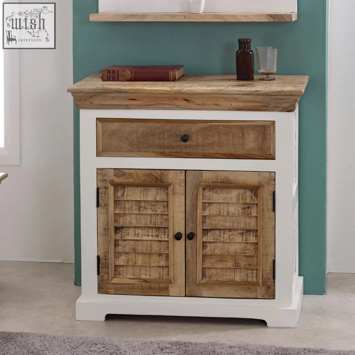 White and natural wood bianco solid mango wood small sideboard with louvered doors and rustic wooden top