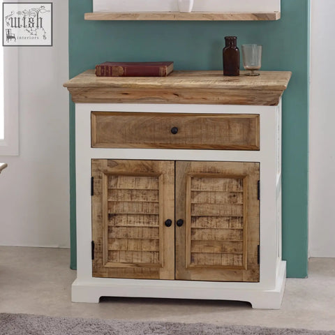 White and natural wood bianco solid mango wood small sideboard with louvered doors and rustic wooden top