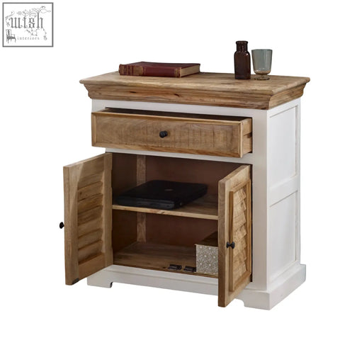 White and natural wood accent bianco solid mango wood small sideboard with drawer and black knobs