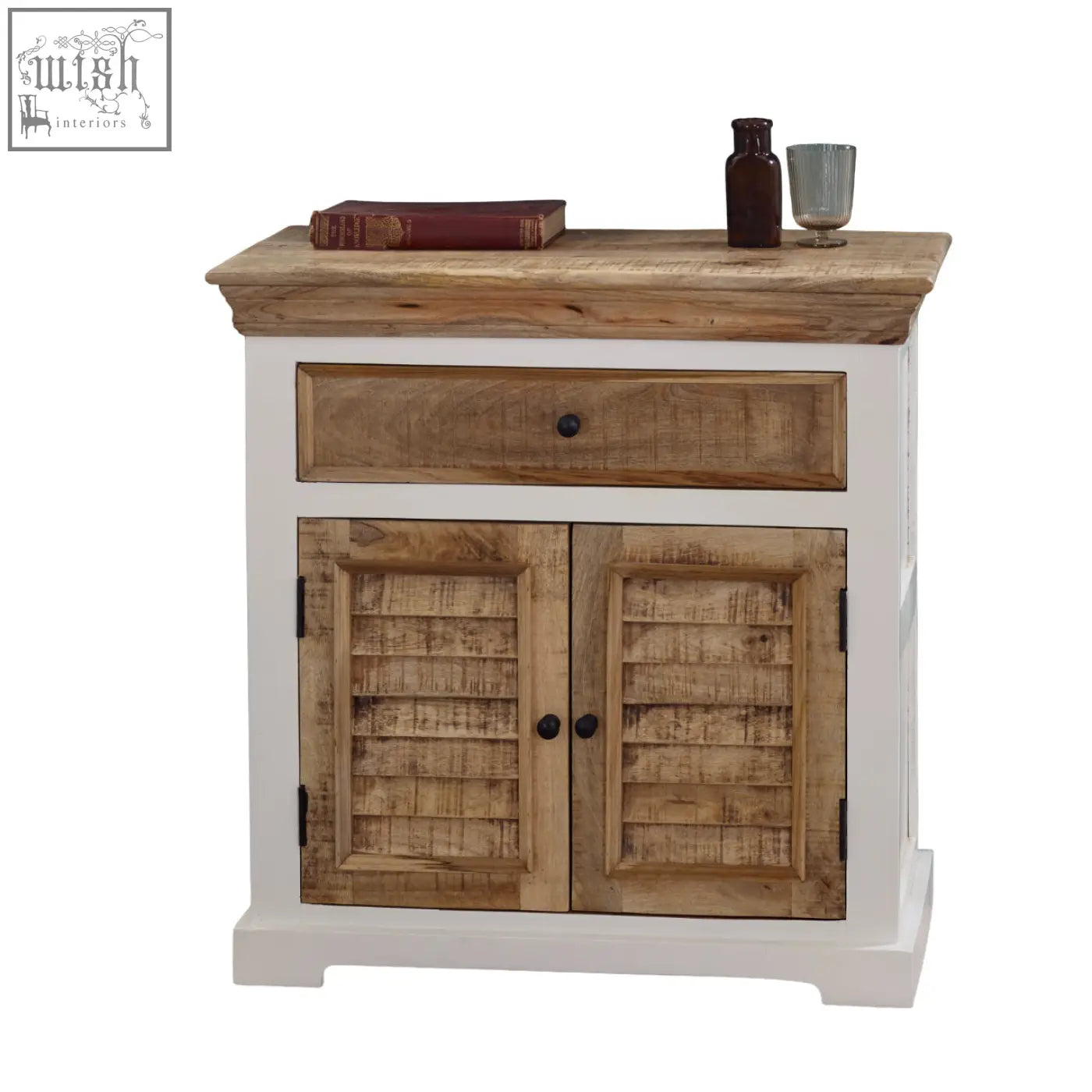 White and natural wood Bianco small sideboard with single drawer and louvered doors made of solid mango wood