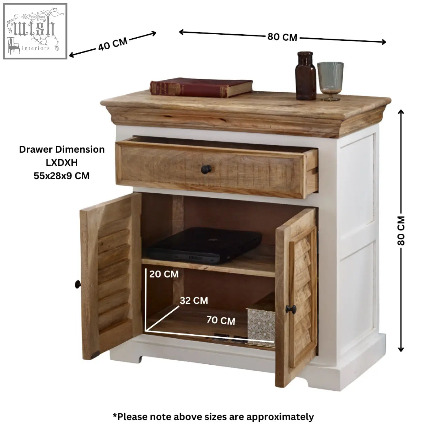 Bianco solid mango wood small sideboard with white frame rustic wood top and louvered doors