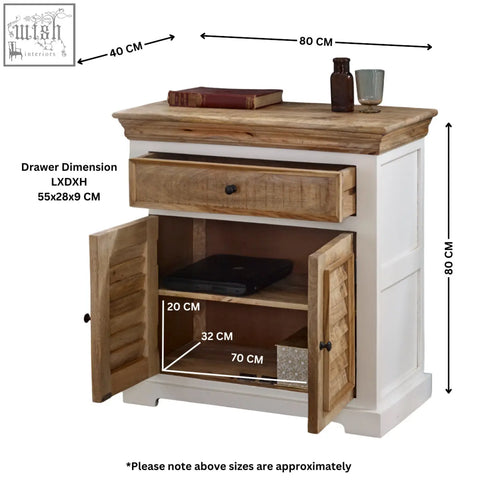 Bianco solid mango wood small sideboard with white frame rustic wood top and louvered doors