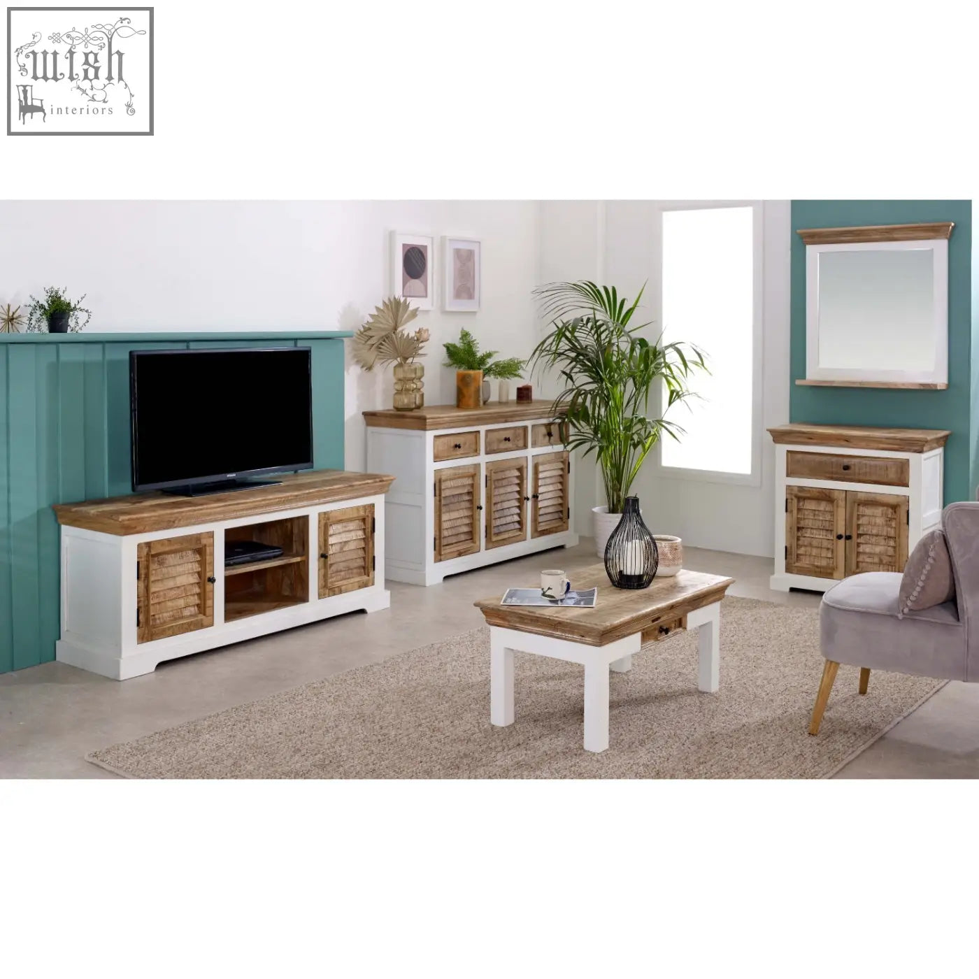 White and natural wood-toned rustic-style media console with slatted doors made of solid mango wood small sideboard