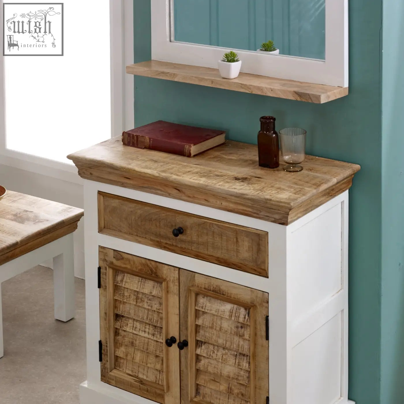 White cabinet with rustic solid mango wood top and louvered doors in natural wood grain finish bianco sideboard