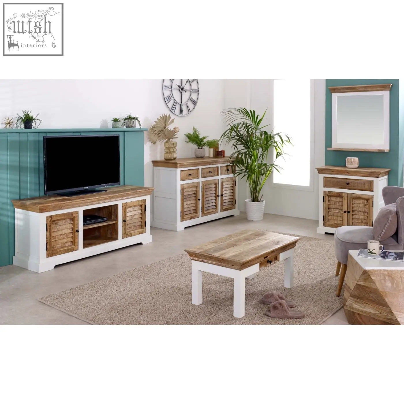 White and natural wood-toned bianco small sideboard with slatted doors made of solid mango wood