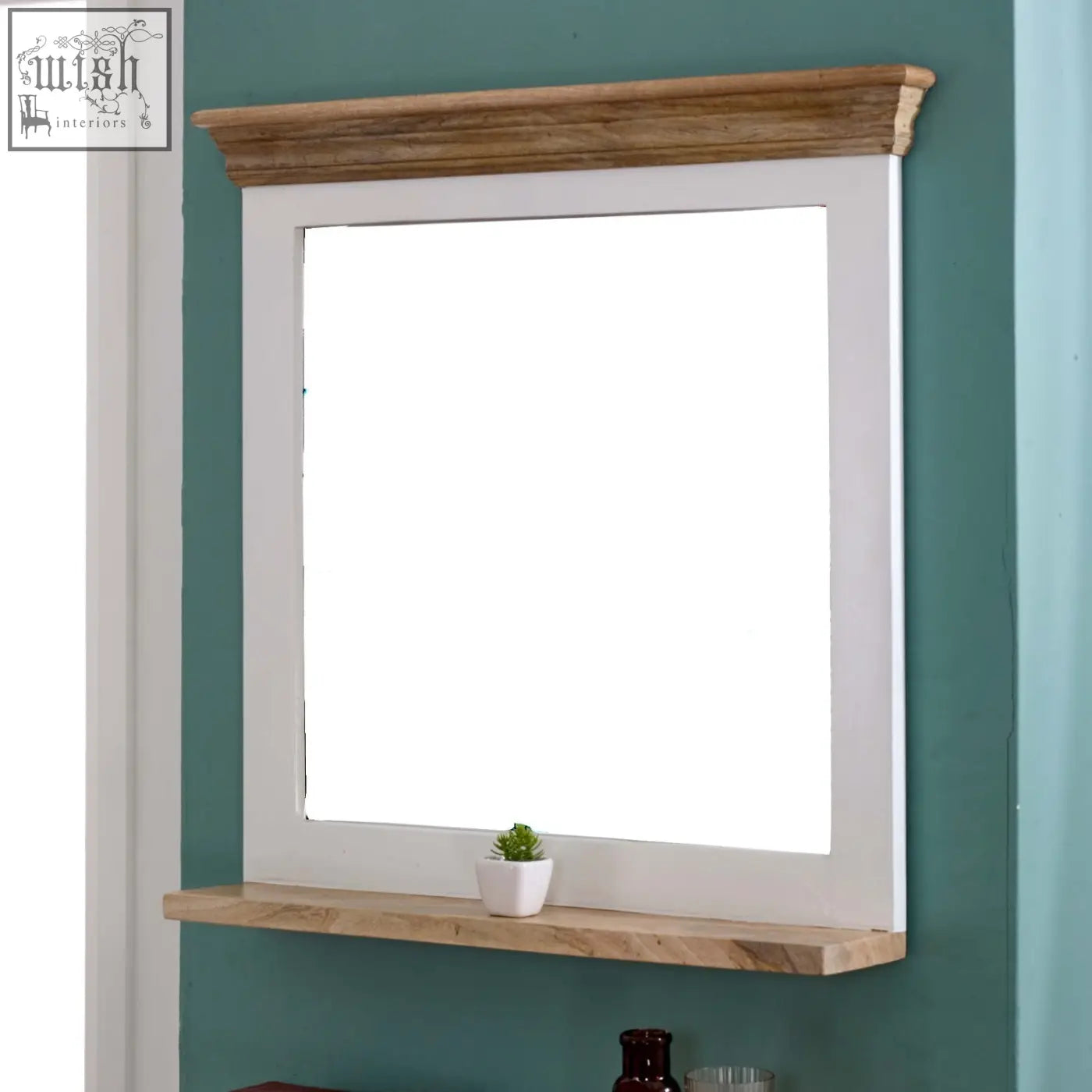 White framed bianco solid mango wood wall mirror with rustic wooden crown and shelf in natural finish