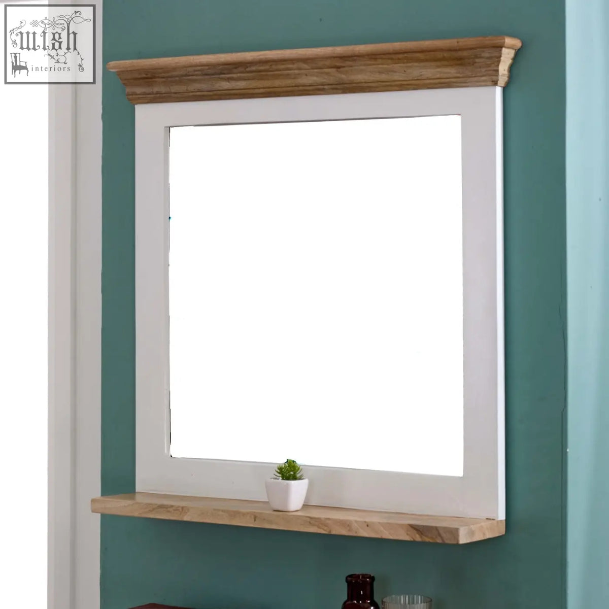White framed bianco solid mango wood wall mirror with rustic wooden crown and shelf in natural finish