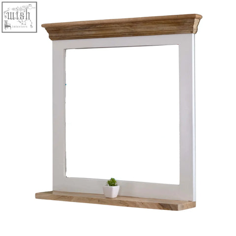 White framed bianco solid mango wood wall mirror with rustic wooden top and bottom shelves showing natural wood grain accents