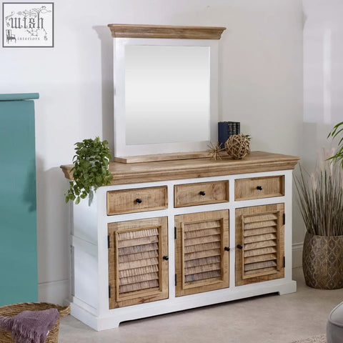 White and natural wood bianco solid mango wood console table with louvered doors drawers and matching wall mirror above