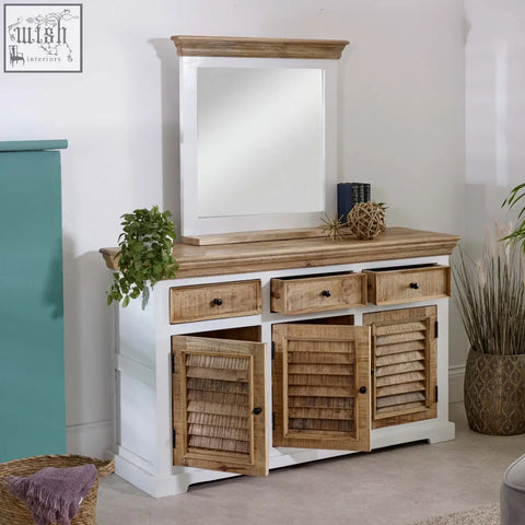 White and natural wood console table with louvered doors drawers and bianco solid mango wood wall mirror above