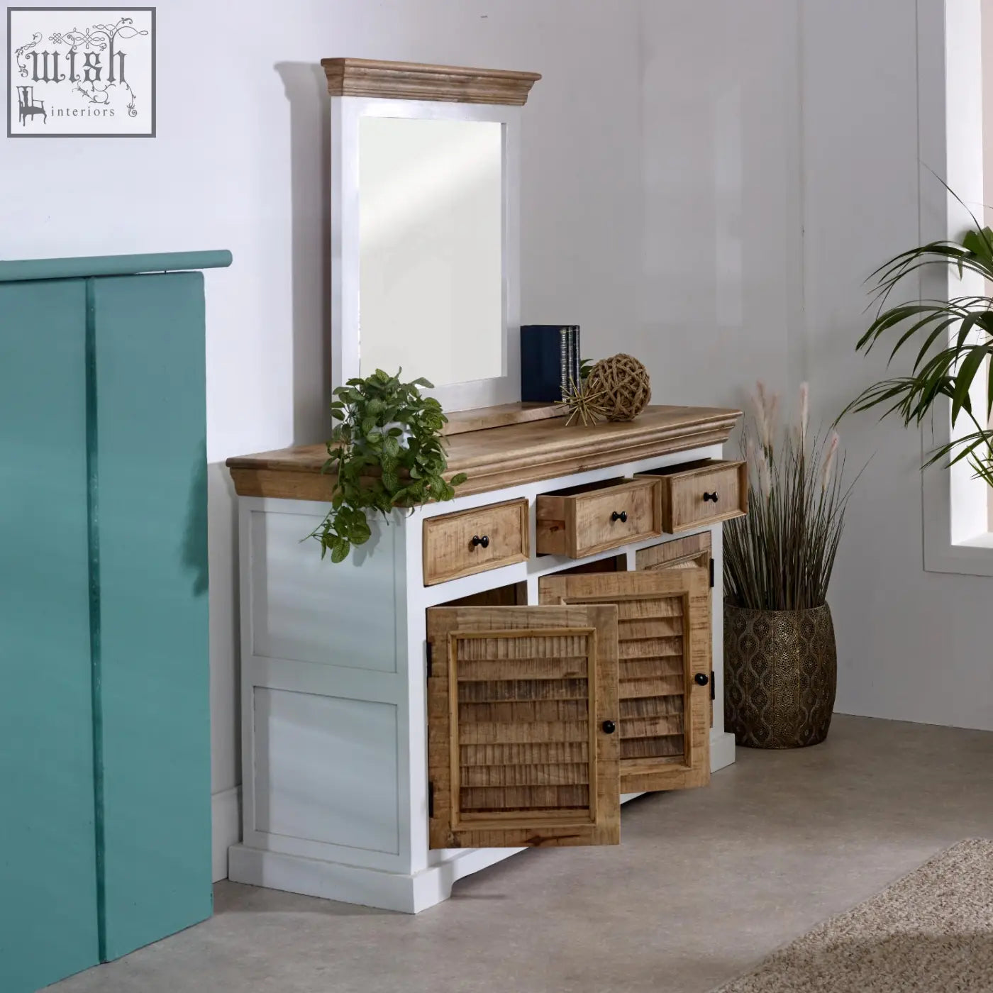 White and natural wood bianco solid mango wood console table with three drawers and wall mirror above