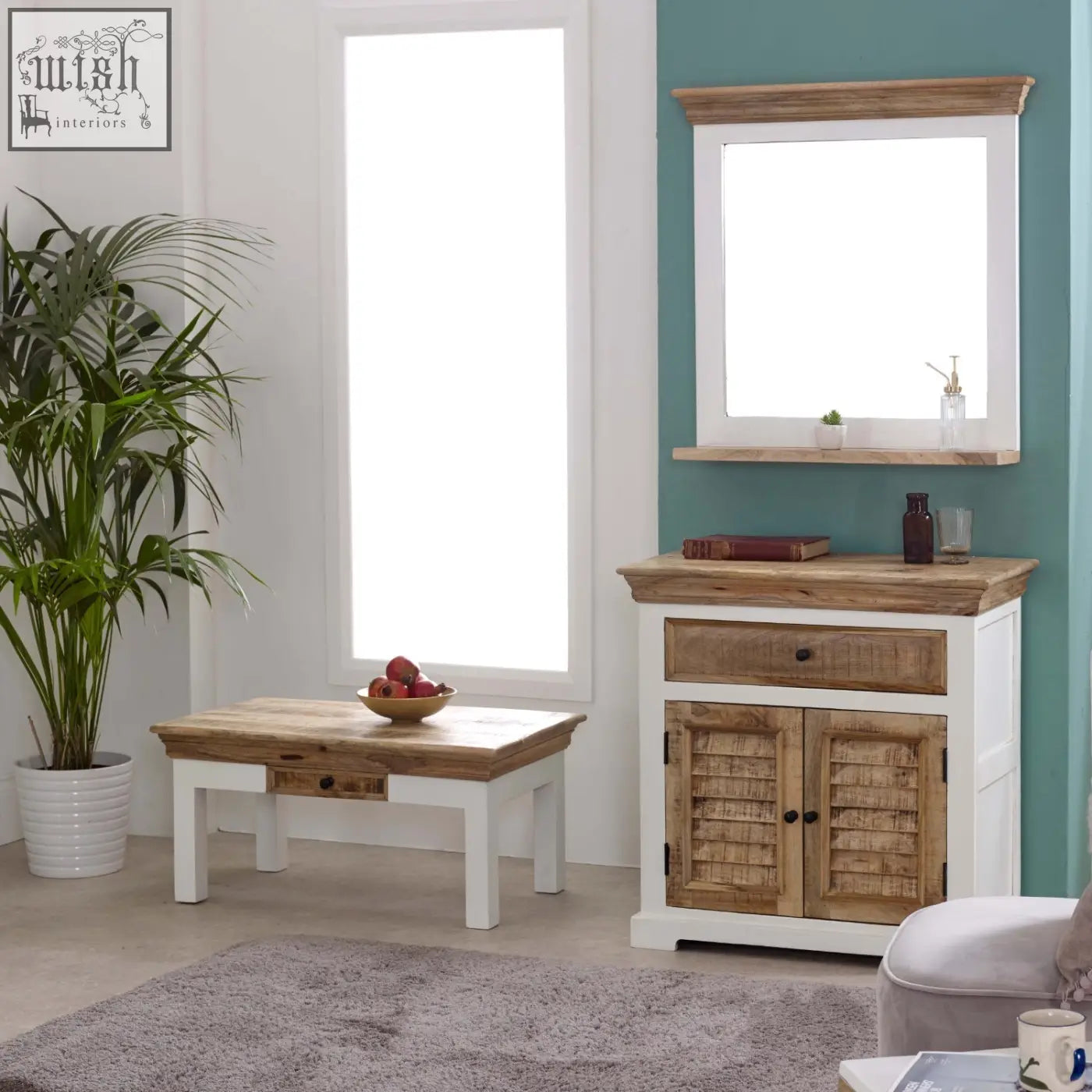 White and natural wood rustic-style cabinet with slatted doors and top shelf in bianco solid mango wood wall mirror design