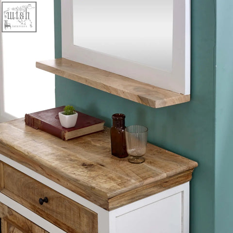 Rustic mango wood shelf with natural light brown finish and visible grain mounted above bianco solid mango wall mirror cabinet