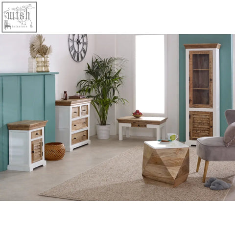Geometric white coffee table with drawer made of solid mango wood and natural wood sides for living room use