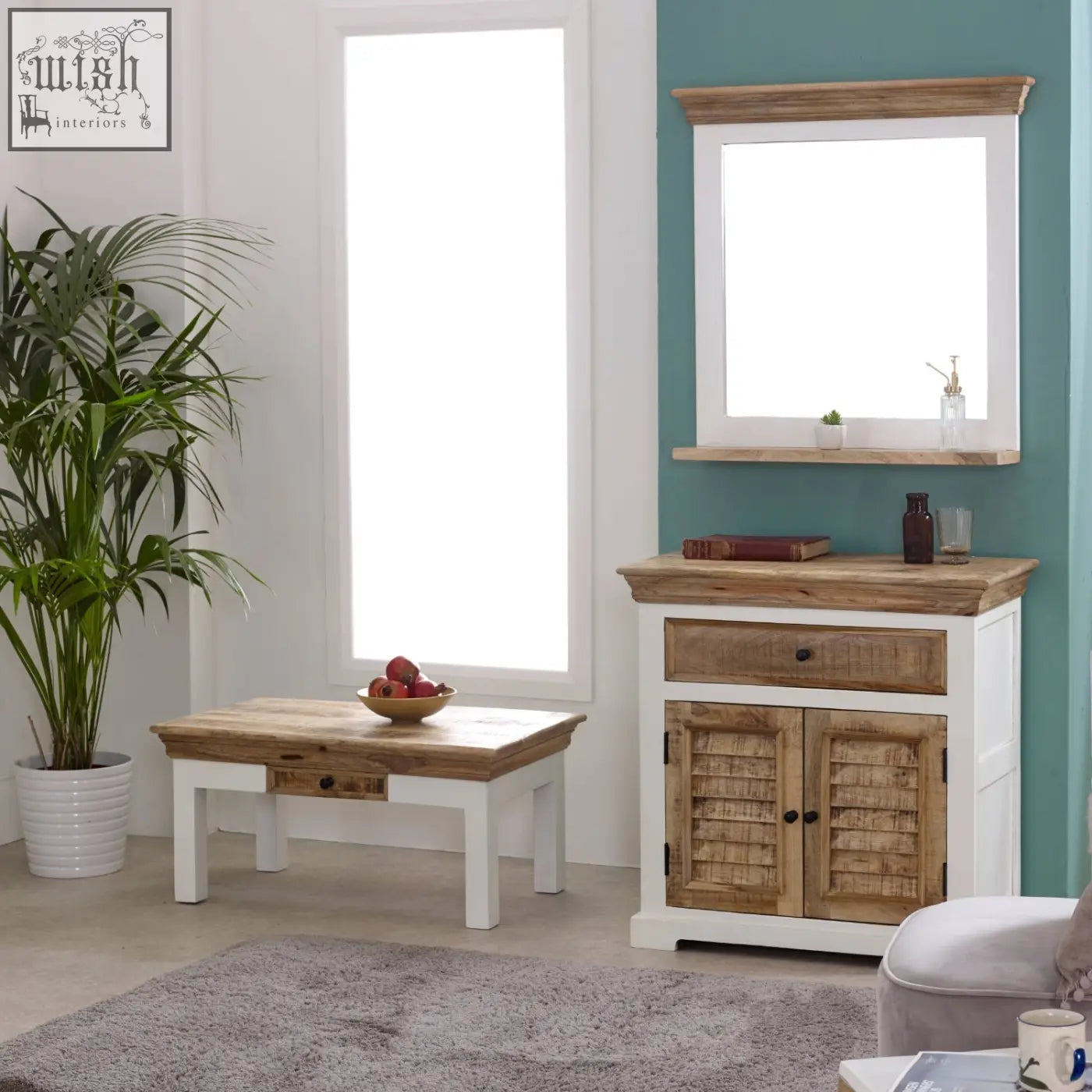White and natural wood coffee table with slatted doors and drawer made of solid mango wood for living room use