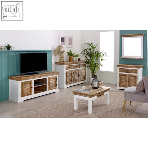 White and natural wood-toned rustic mango wood coffee table with drawer perfect for living room use