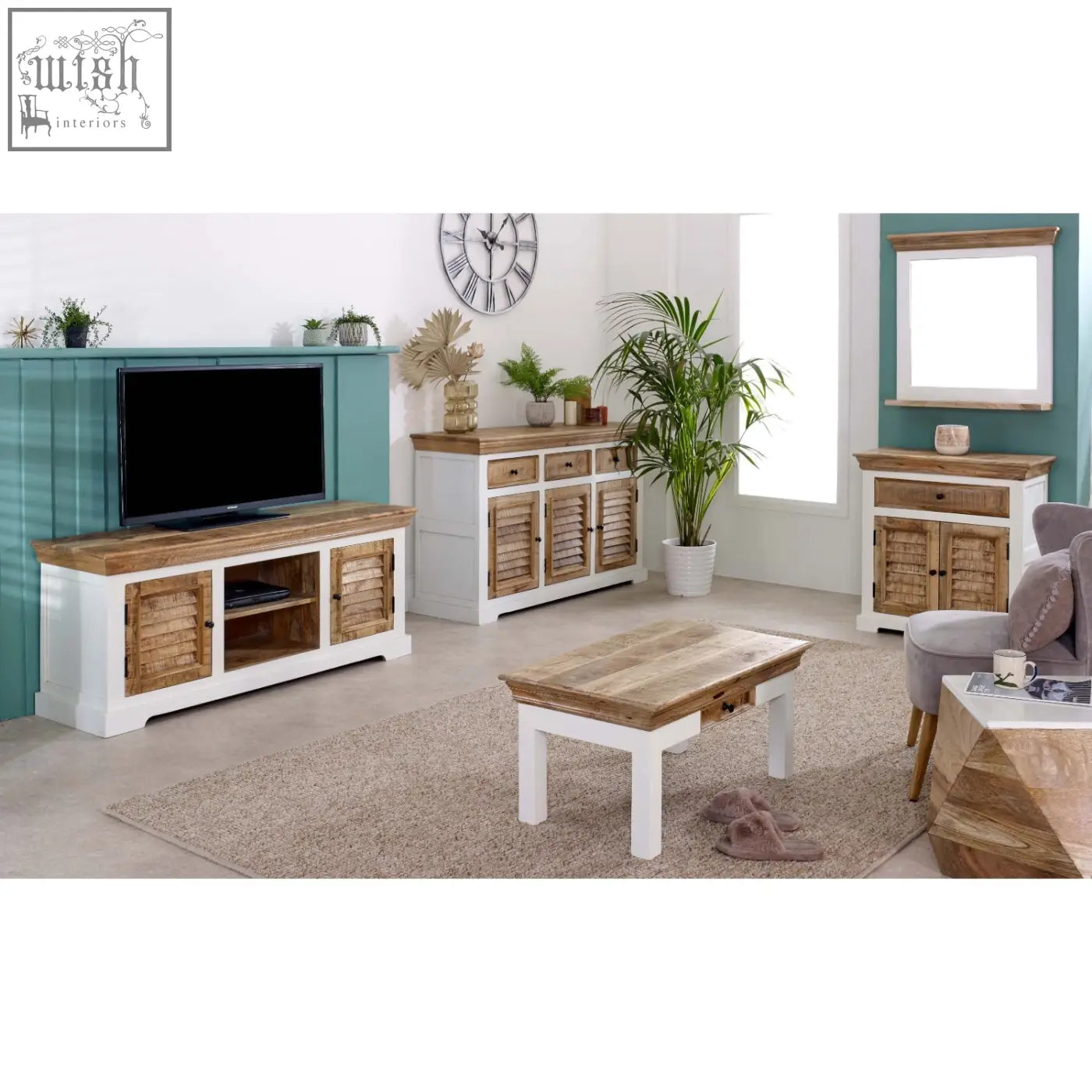 White and natural wood mango wood media console with slatted doors perfect for living room or coffee table use