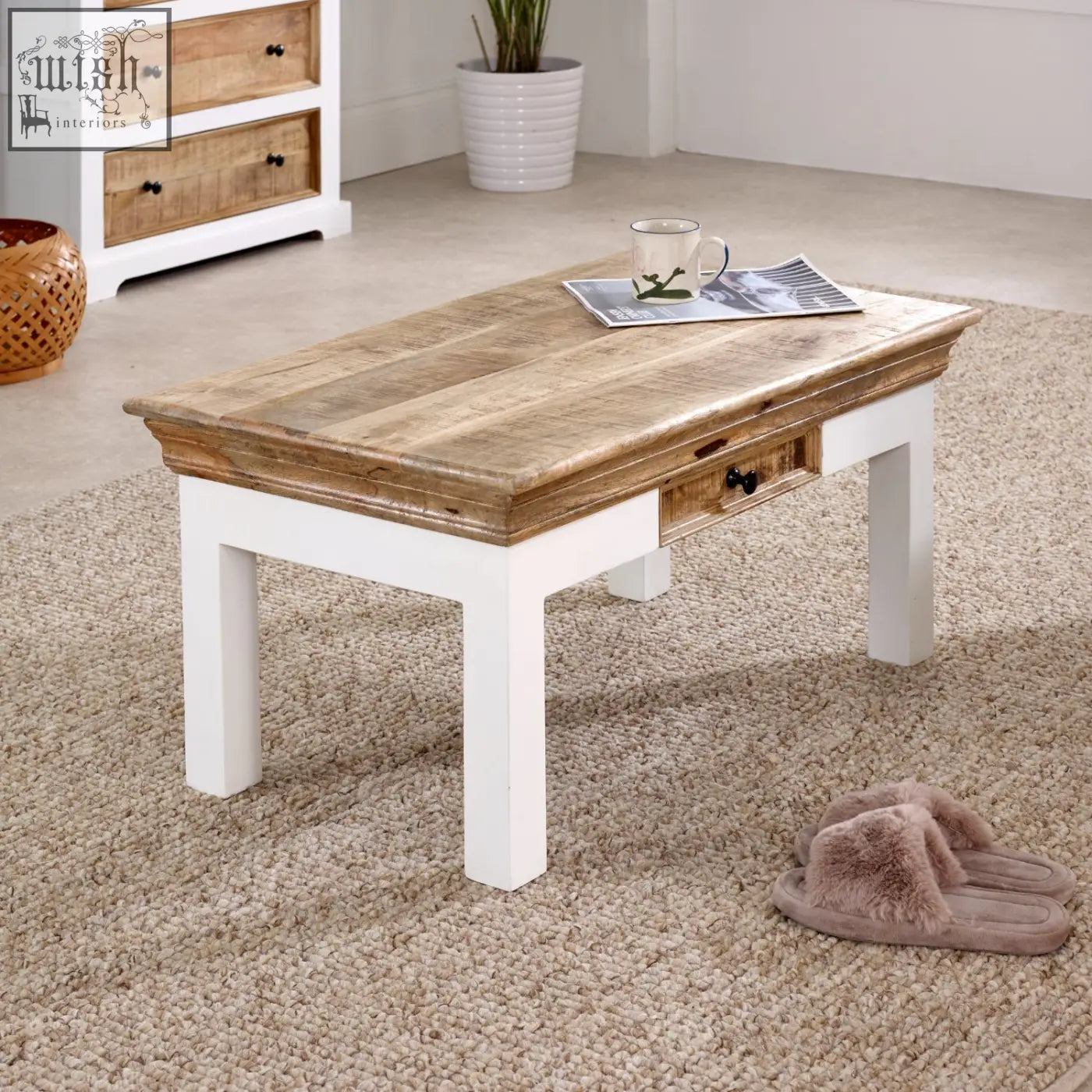 Rustic bianco solid mango wood coffee table with weathered brown top white legs and drawer for living room use