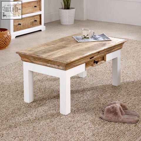 Rustic bianco solid mango wood coffee table with weathered brown top white legs and drawer for living room use