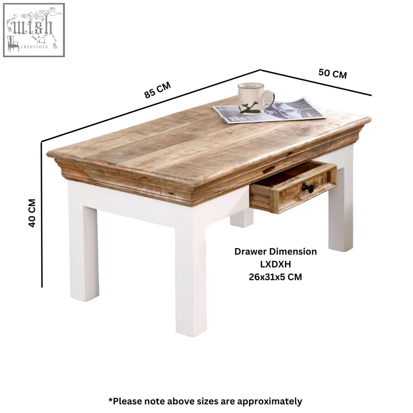 Rustic coffee table with white painted legs and black metal handles made of solid mango wood for living room use