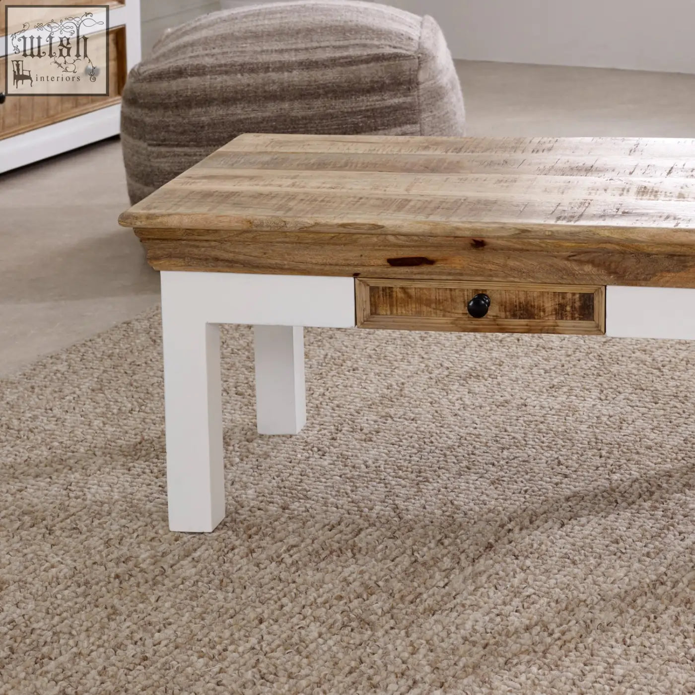Rustic bianco solid mango wood coffee table with white painted legs and drawer perfect for living room use
