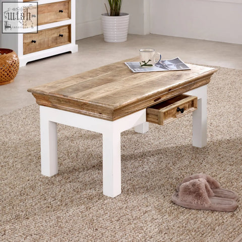 Rustic white coffee table with drawer made of solid mango wood perfect for living room use