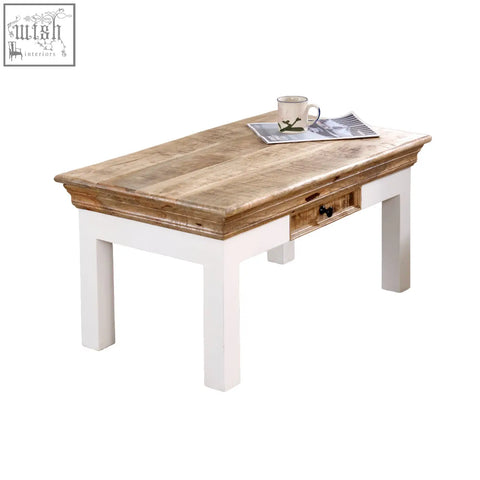 Rustic bianco coffee table with light mango wood top white legs and drawer with black handles for living room use