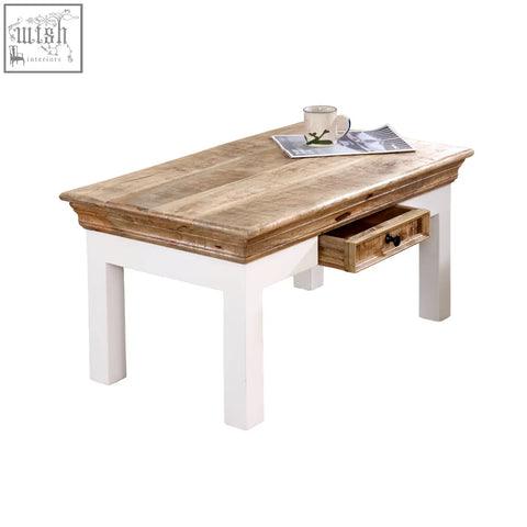 Rustic mango wood coffee table with white painted legs and a single drawer perfect for your living room