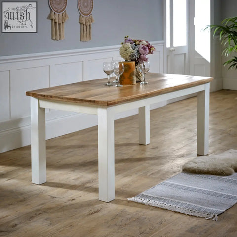 White-painted wooden dining table with natural mango wood top bianco solid mango wood dining table 170cm