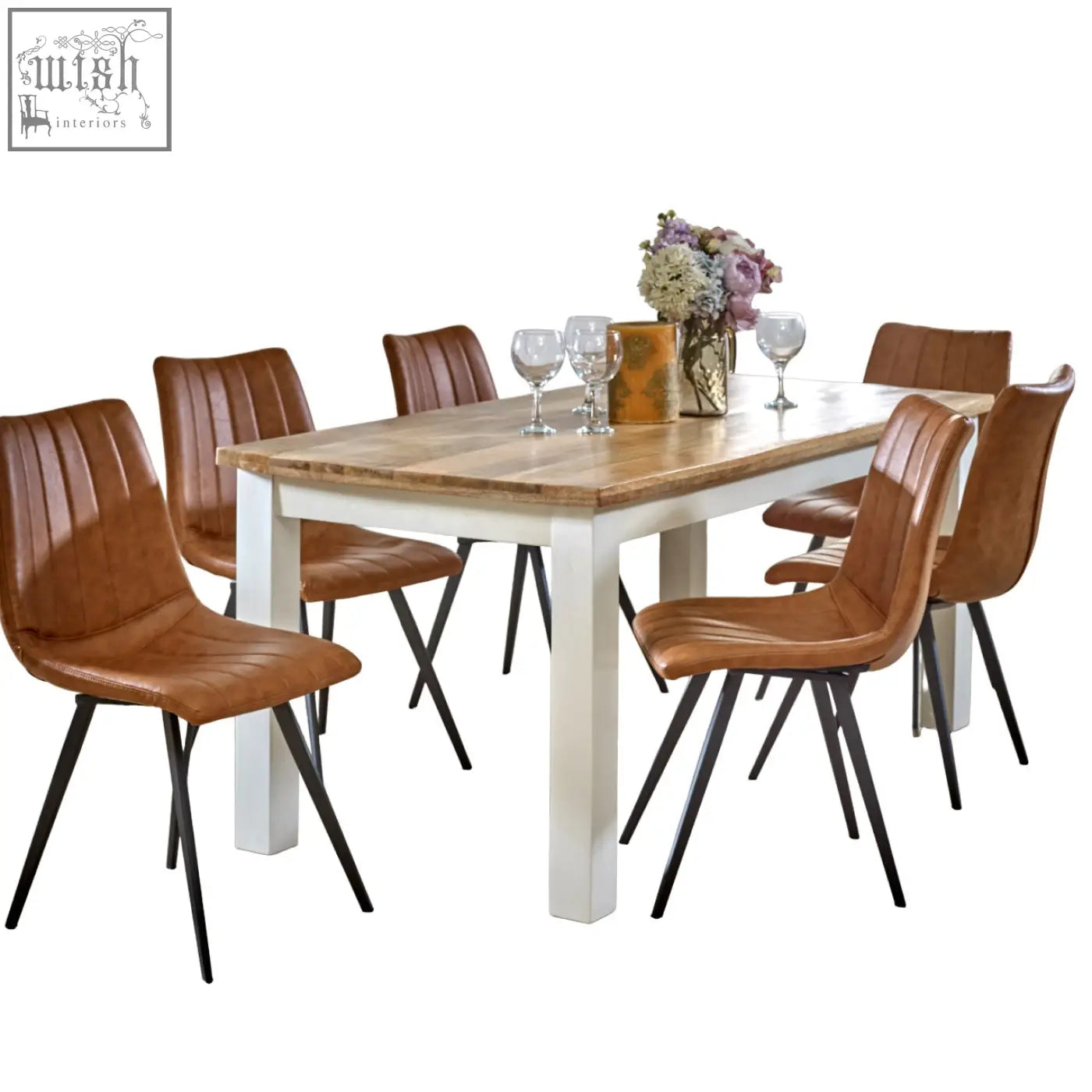 Brown leather dining chairs with black metal legs paired with bianco solid mango wood white dining table 170cm
