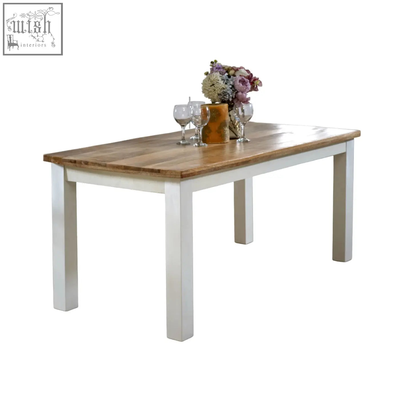 Bianco solid mango wood dining table with light wood top natural grain finish and white painted legs 170cm
