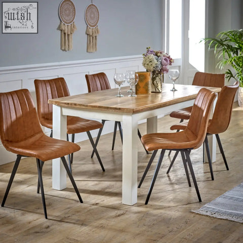 Brown leather dining chairs with black metal legs around bianco solid mango wood white dining table 170cm