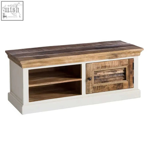 Rustic white and reclaimed wood shoe rack with slatted door and hanger wall hook set for organized storage