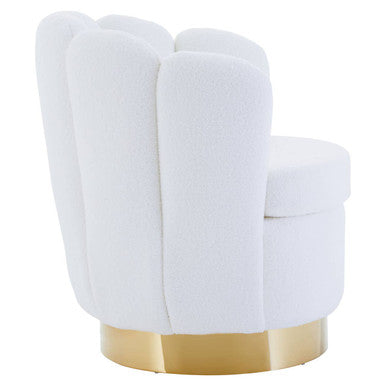 White boucle scalloped swivel chair with shell-like back and gold-tone base in off white upholstery