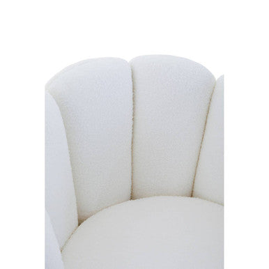 White boucle scalloped swivel chair with plush shell-shaped cushioned design perfect for cozy seating