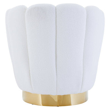 White boucle scalloped swivel chair with plush shell shape and gold metallic base perfect for stylish seating