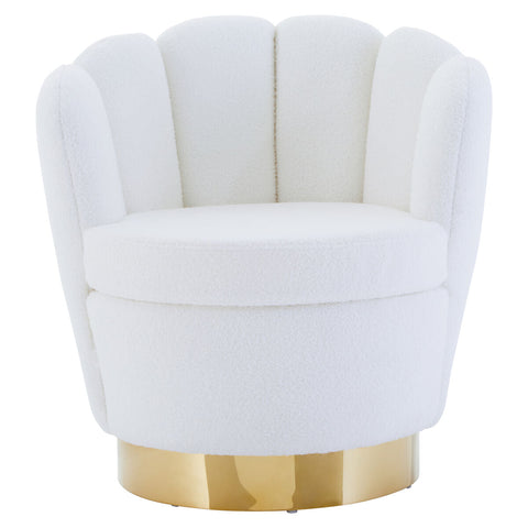 White boucle scalloped swivel chair with plush shell shape and gold-tone circular base perfect for stylish seating