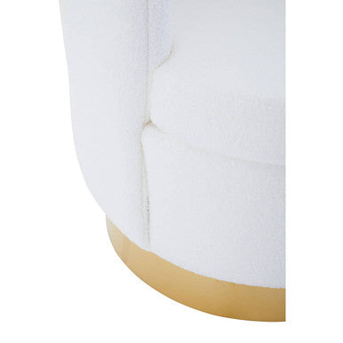 White boucle scalloped swivel chair with tufted curves and gold toned circular base perfect for stylish seating