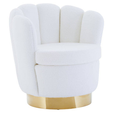 White boucle scalloped swivel chair with shell back and gold-tone circular base perfect for stylish seating