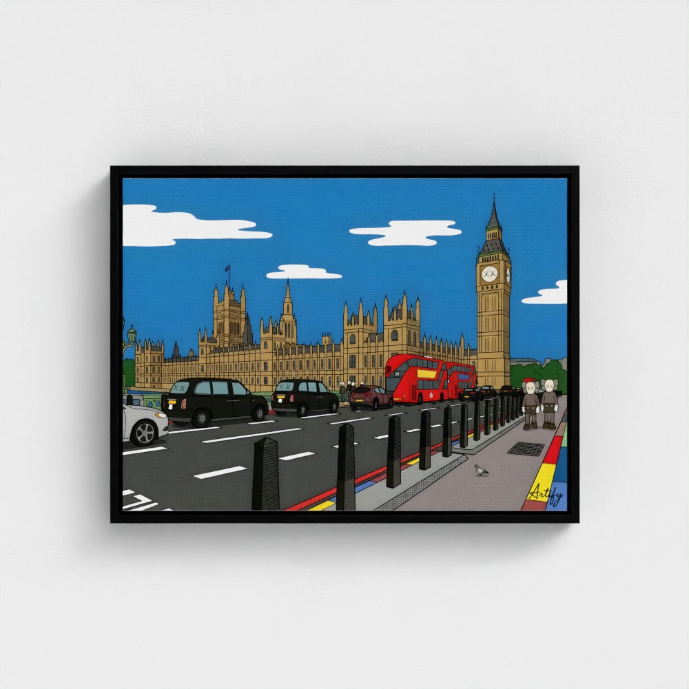 Black-framed bold contemporary cartoon illustration of big ben and parliament with red bus and black taxis