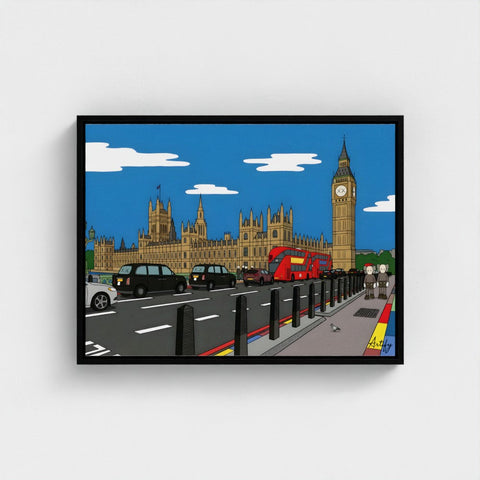 Black-framed bold contemporary cartoon illustration of big ben and parliament with red bus and black taxis