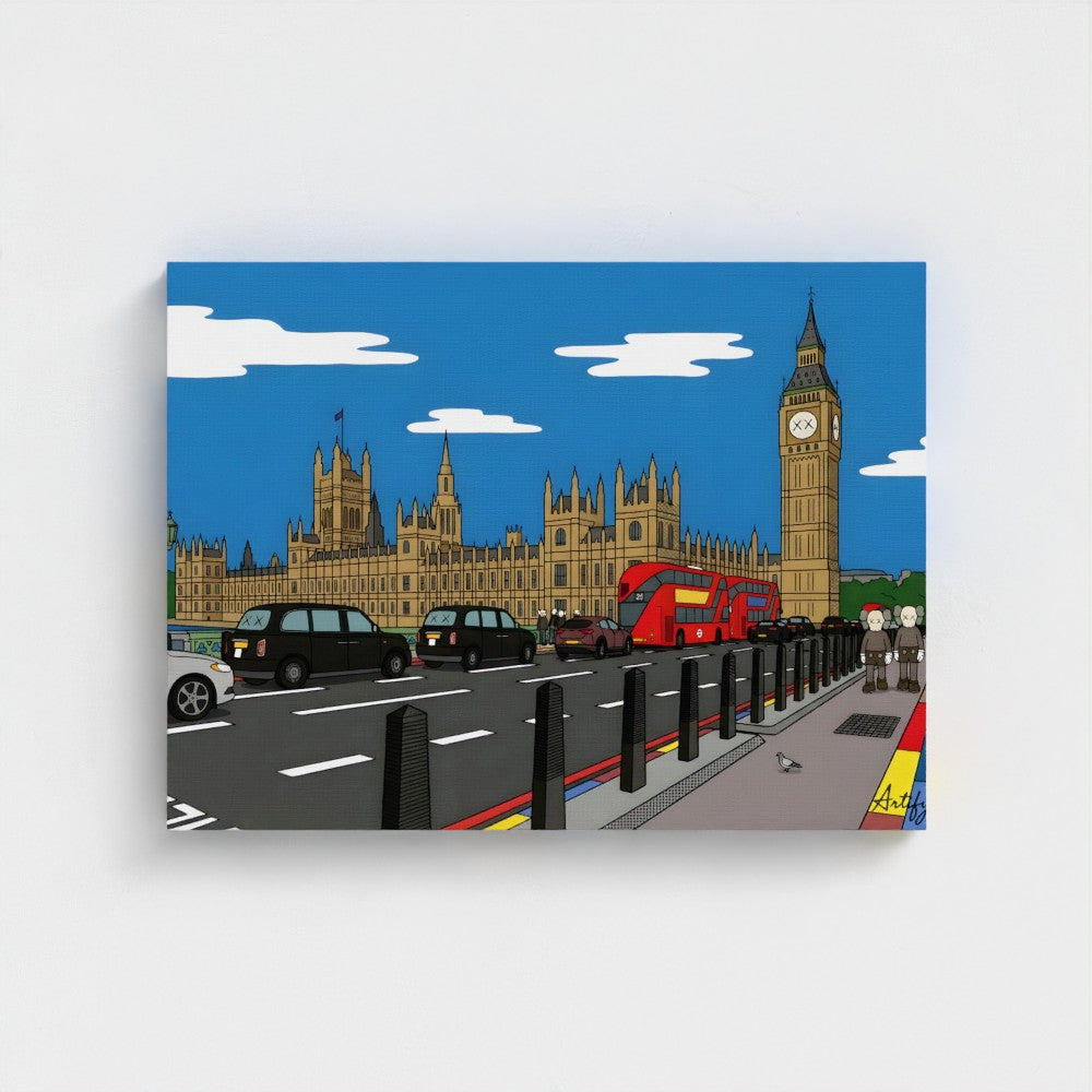 A bold contemporary cartoon-style canvas print of big ben and parliament with red bus and taxis under blue sky