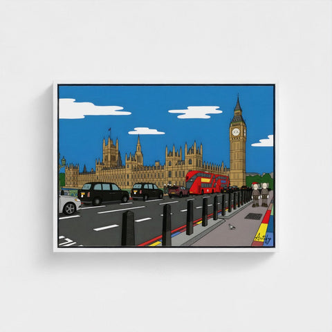 A bold contemporary cartoon-style framed print of big ben and parliament with red double-decker bus and black cabs