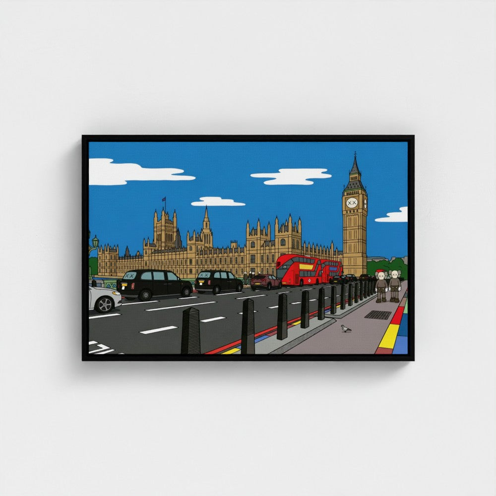 A framed cartoon-style print of big ben with red double-decker bus and black cabs in a bold contemporary style