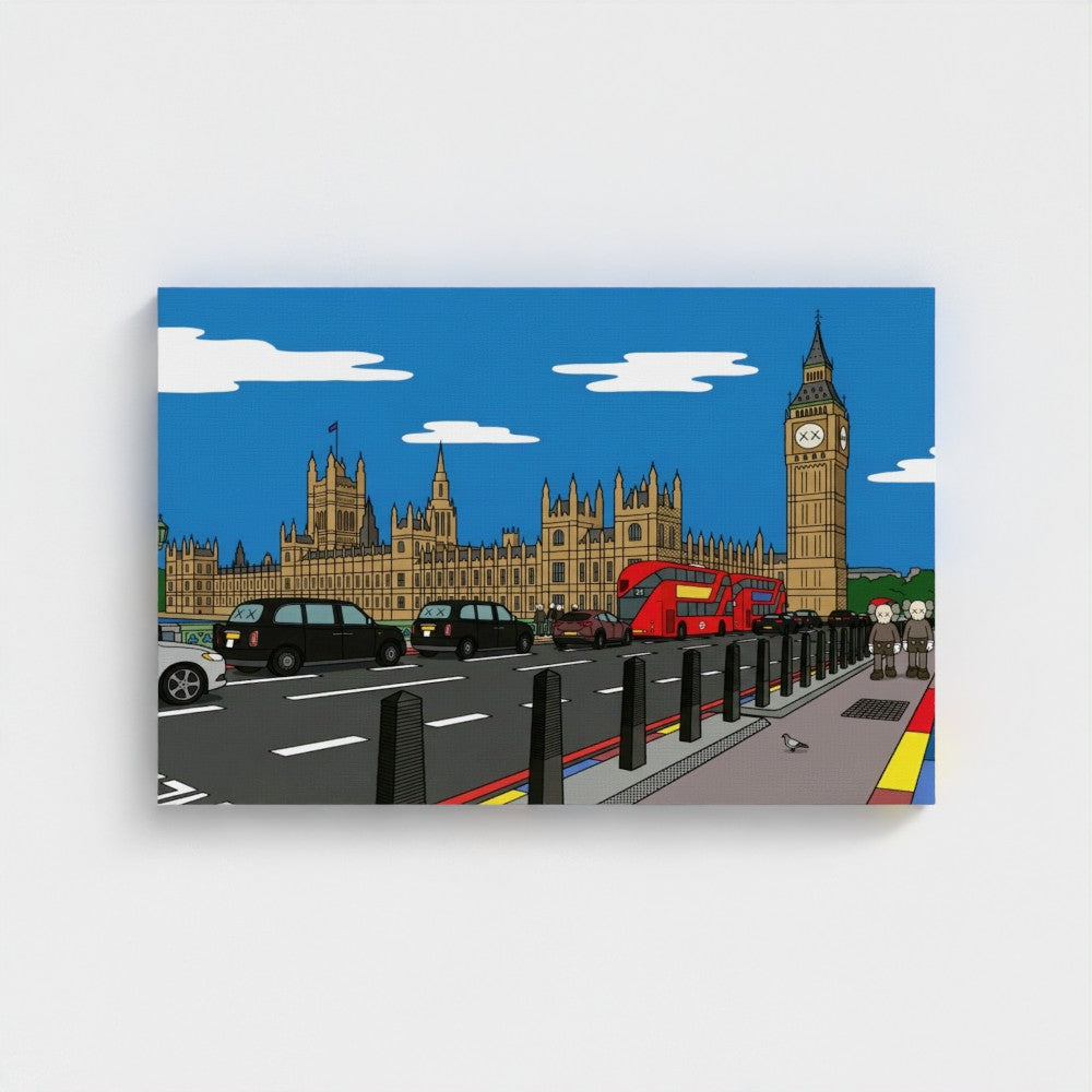 Big ben vibrant cartoon canvas print featuring bold contemporary london scene with bright colors and iconic landmarks