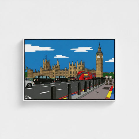 A framed cartoon-style print of big ben and london street scene with bold contemporary colors and iconic red bus